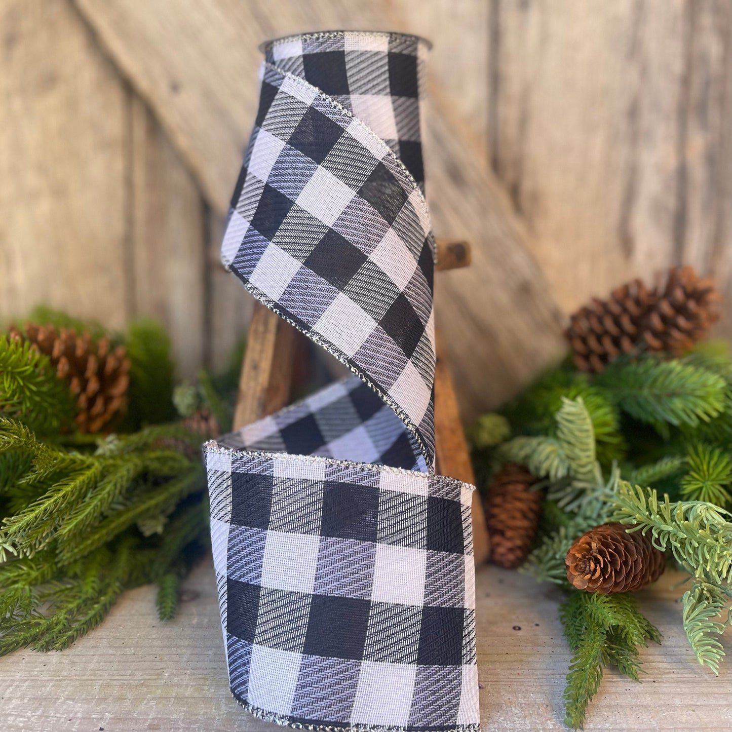 4&quot; Black and White Gingham Check, Black and White Buffalo Plaid Ribbon, Wired Ribbon, Christmas Ribbon, Seasonal Ribbon, Christmas Tree