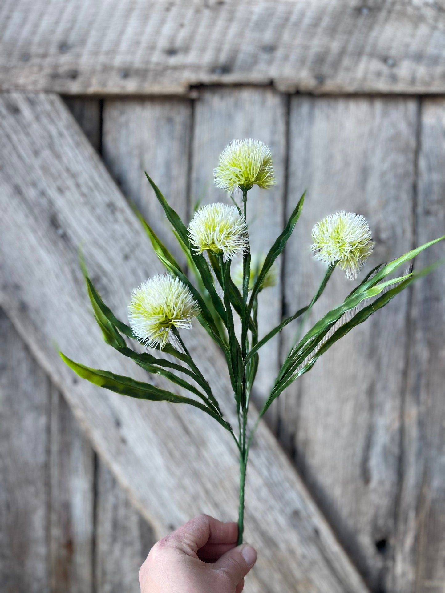 15" Cream White Pom Pom Bush, White Filler pick