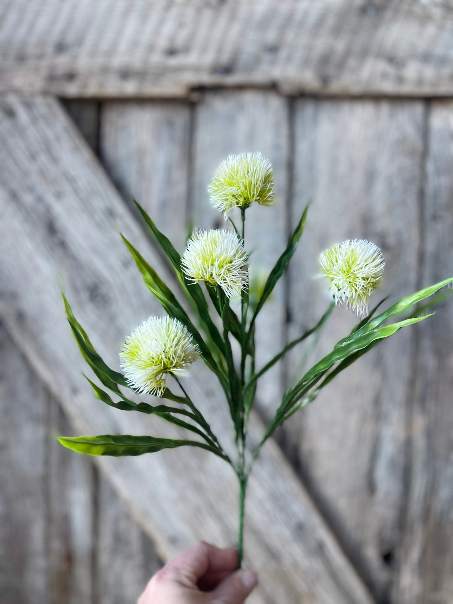 15" Cream White Pom Pom Bush, White Filler pick