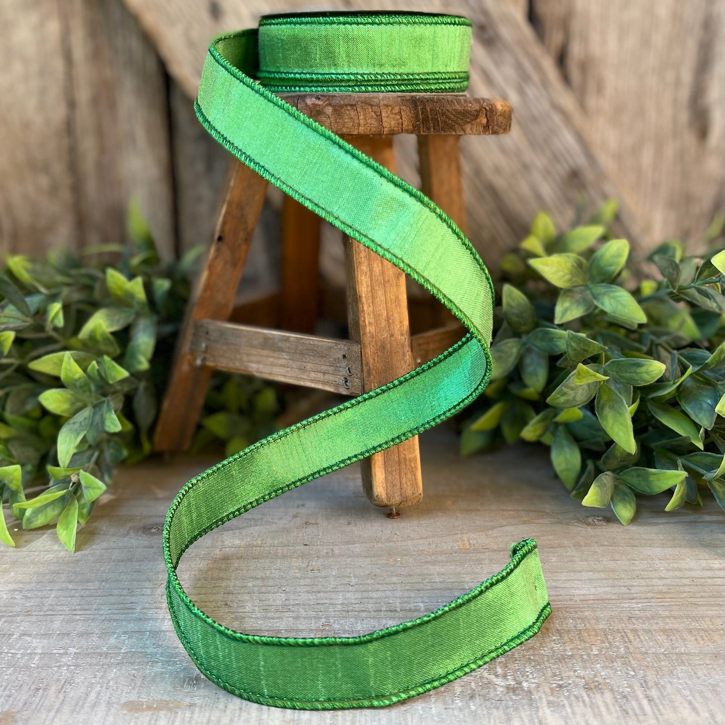 1" Green Luster Ribbon, Farrisilk, wired Ribbon,Wreath RIbbon,narrow Ribbon