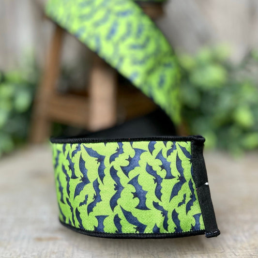 2.5" Green Bats Wired Ribbon by Farrisilk, Halloween Ribbon, Lime Green Black Ribbon