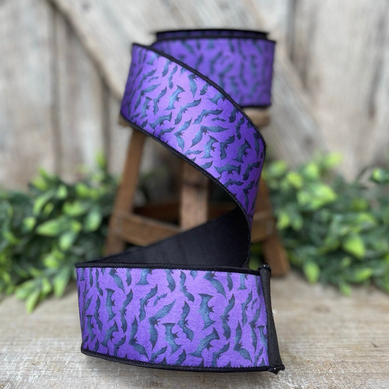 2.5" Purple Bats Wired Ribbon by Farrisilk, Halloween Ribbon, Purple and Black Ribbon