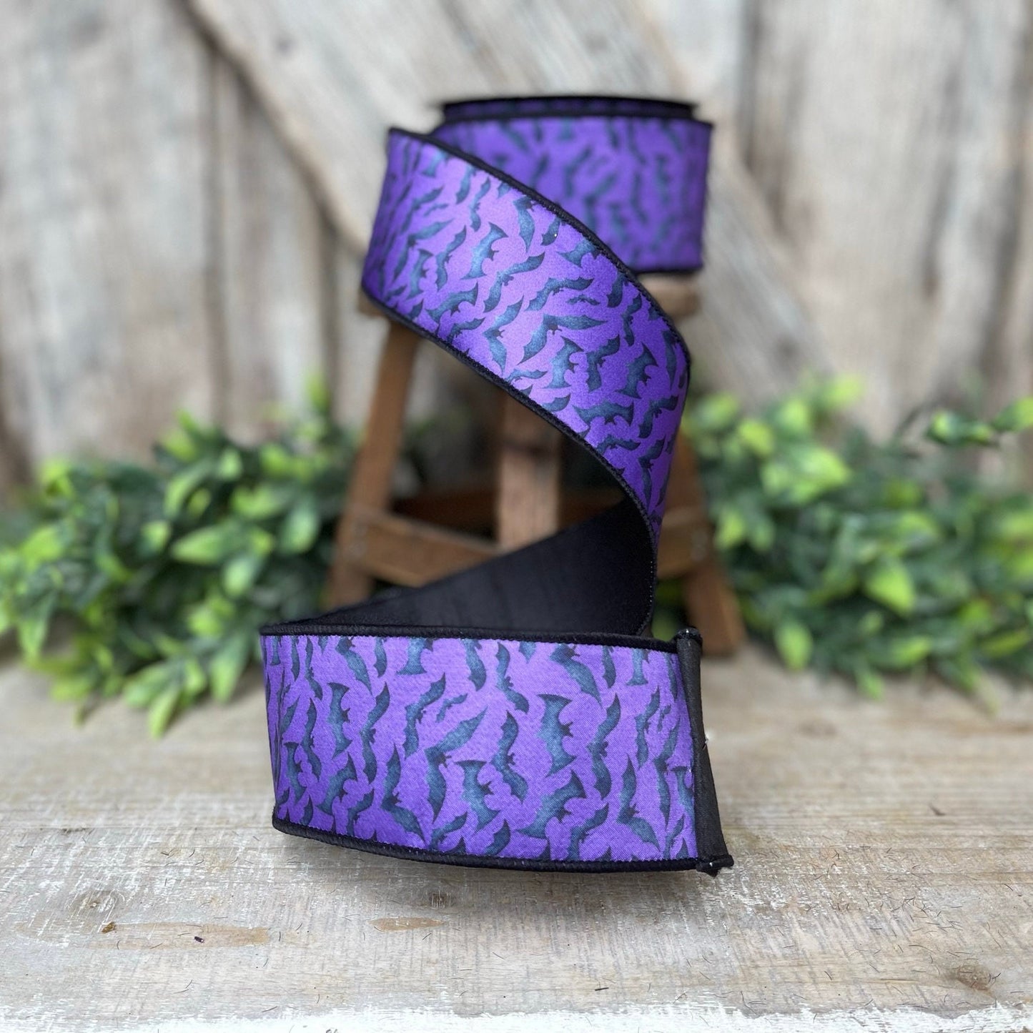 2.5" Purple Bats Wired Ribbon by Farrisilk, Halloween Ribbon, Purple and Black Ribbon