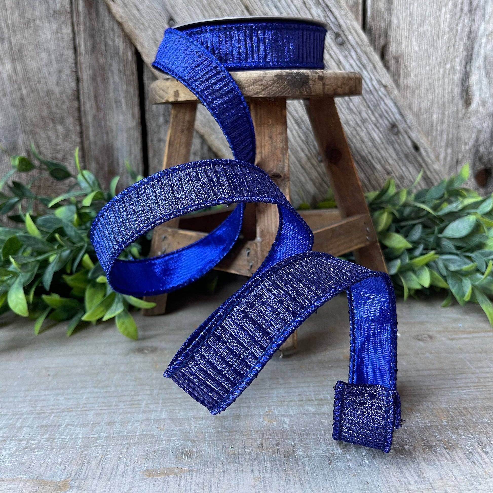 1" Blue Pleated Metallic Ribbon, Farrisilk Ribbon, Wired Ribbon