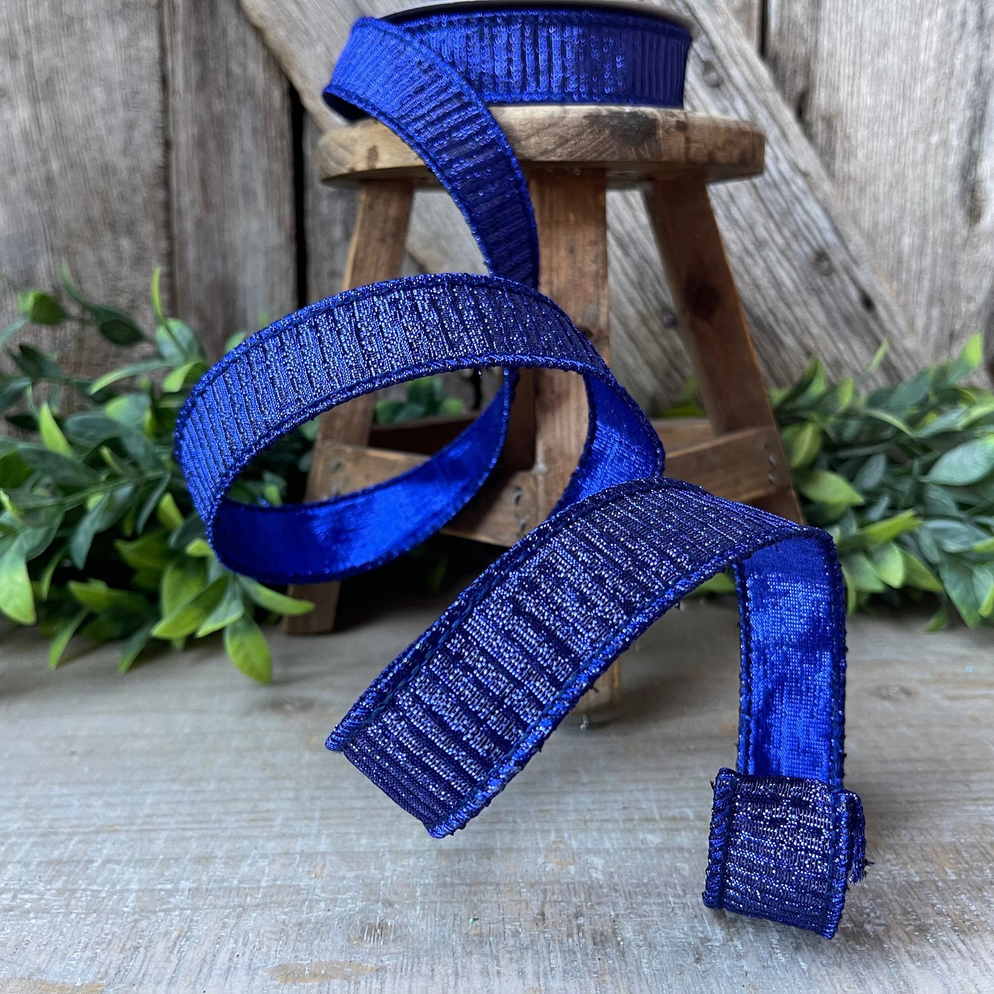 1" Blue Pleated Metallic Ribbon, Farrisilk Ribbon, Wired Ribbon