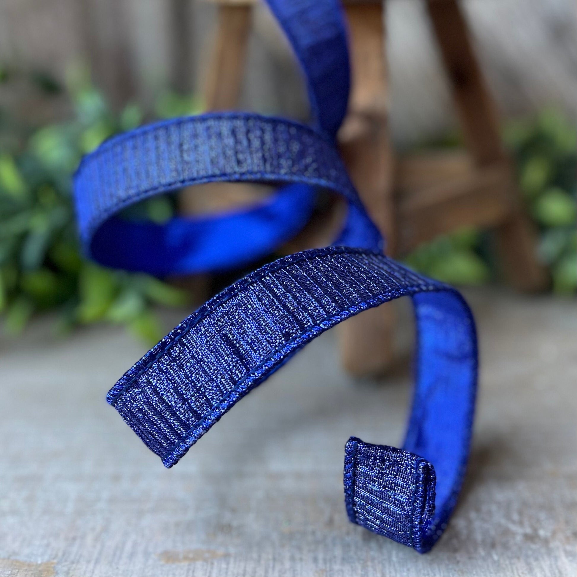 1" Blue Pleated Metallic Ribbon, Farrisilk Ribbon, Wired Ribbon