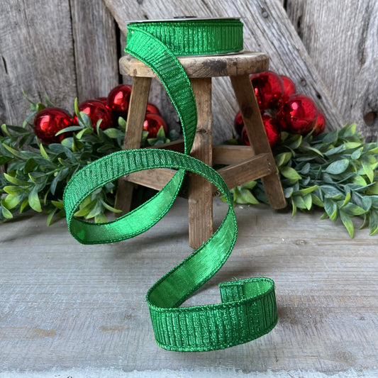 1" Green Pleated Metallic Ribbon, Farrisilk Ribbon