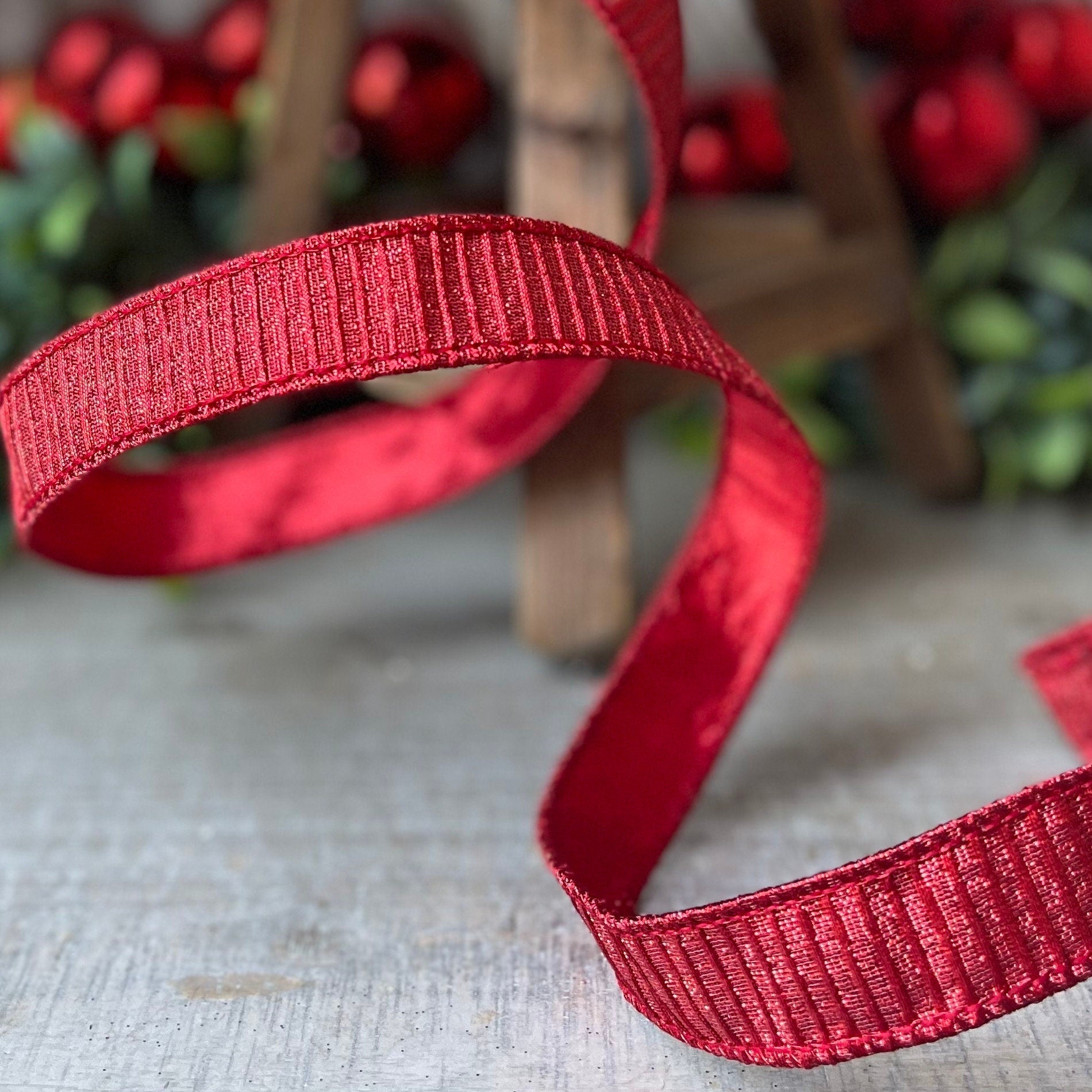 1" Red Pleated Metallic Ribbon, Farrisilk Ribbon