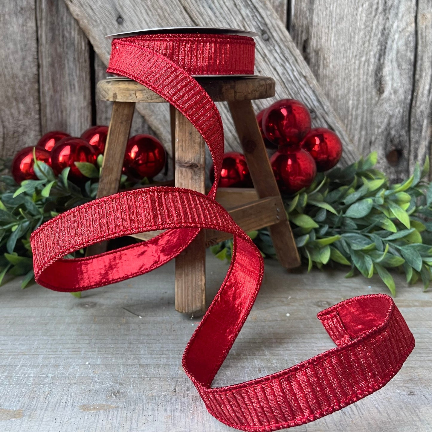 1" Red Pleated Metallic Ribbon, Farrisilk Ribbon, Wired Ribbon