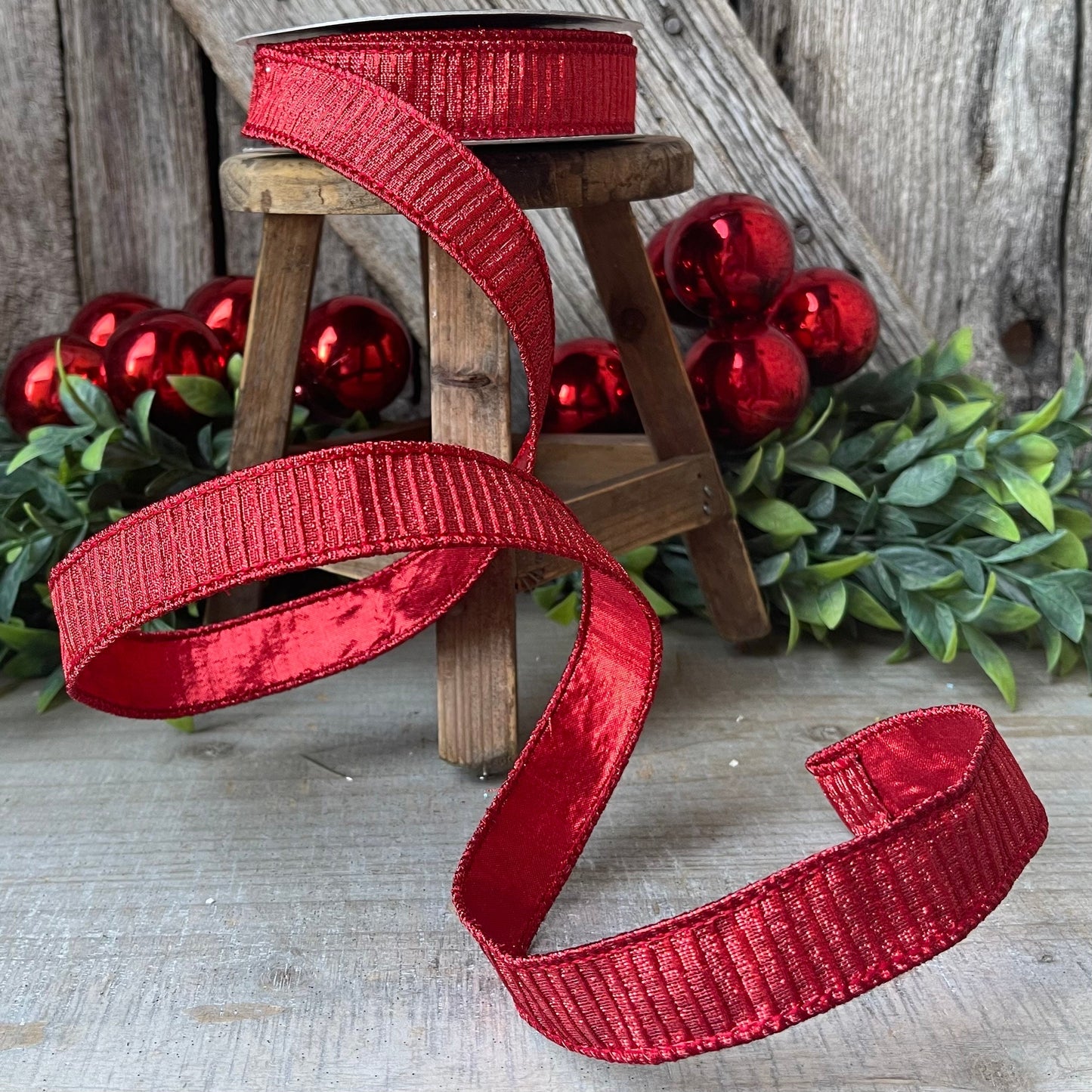 1" Red Pleated Metallic Ribbon, Farrisilk Ribbon