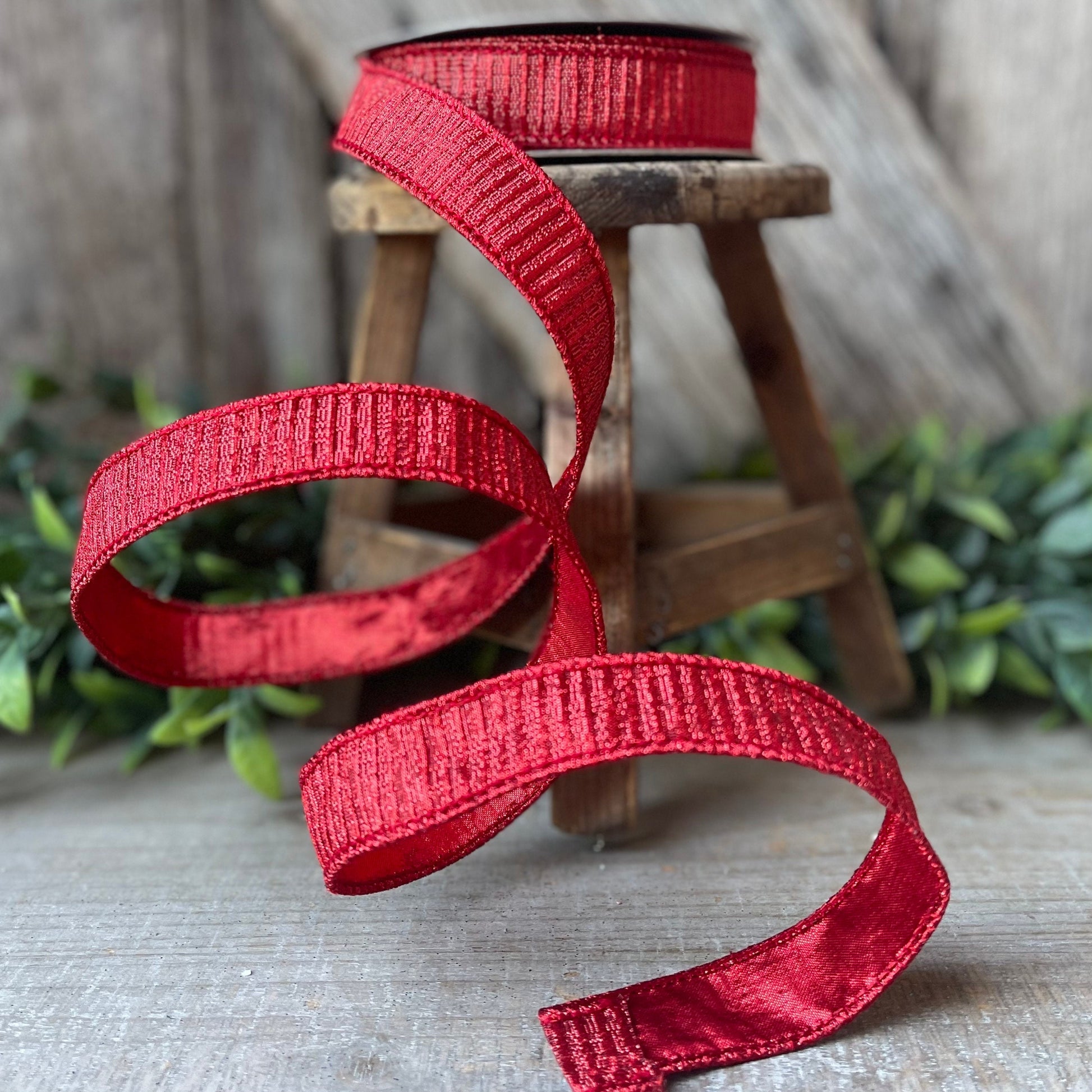 1" Red Pleated Metallic Ribbon, Farrisilk Ribbon, Wired Ribbon