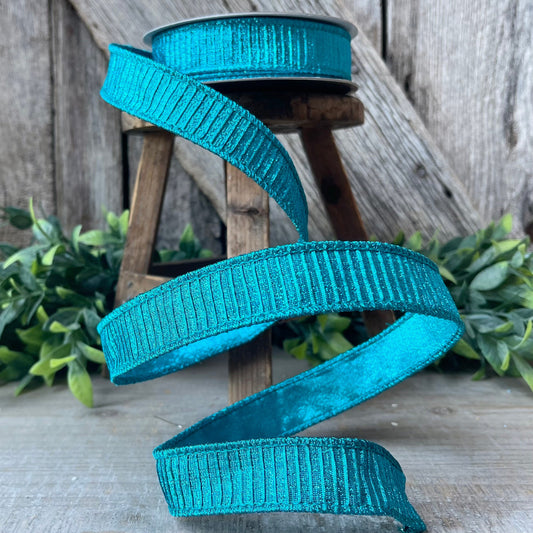 1" Turquoise Pleated Metallic Ribbon, Teal Ribbbon