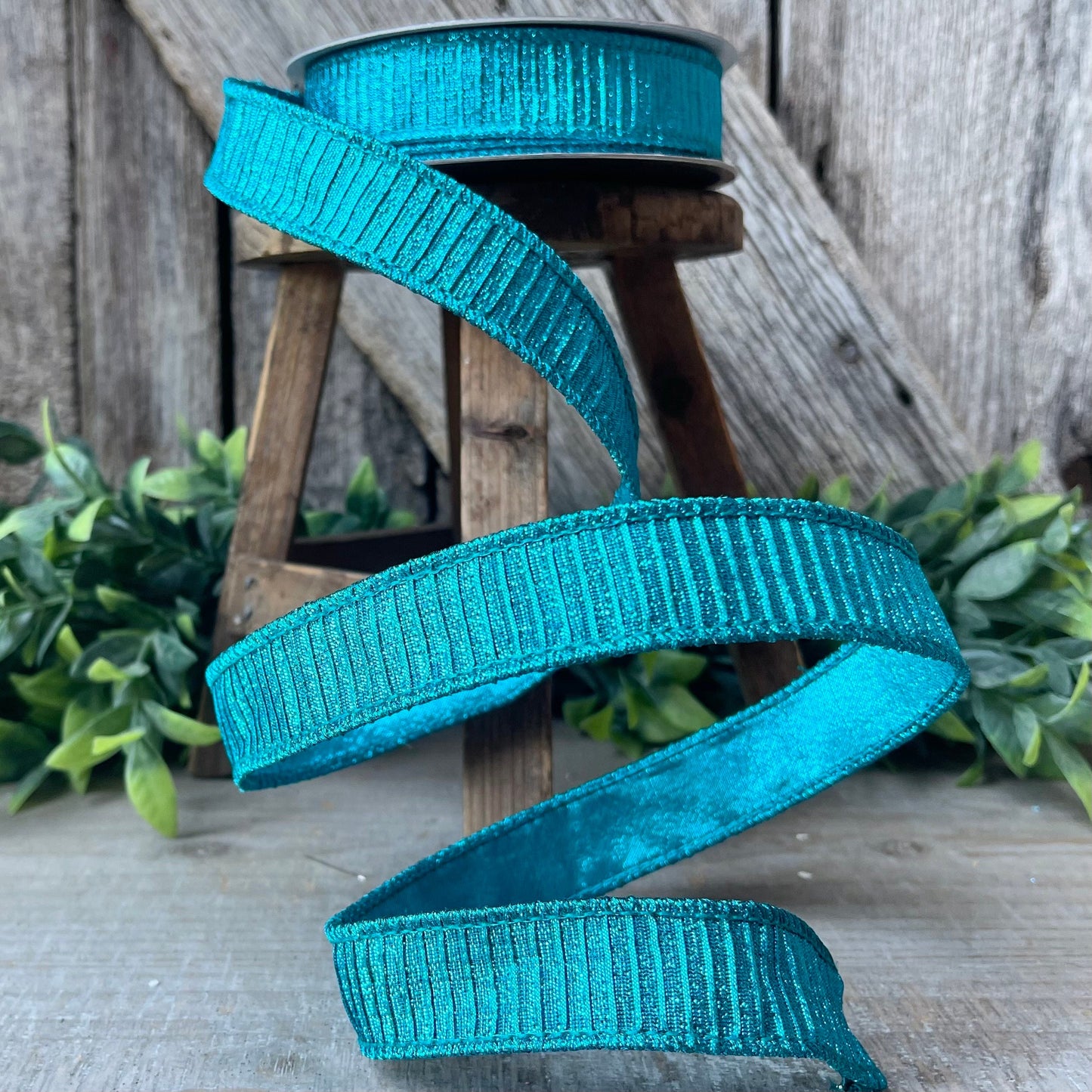 1" Turquoise Pleated Metallic Ribbon, Teal Ribbbon