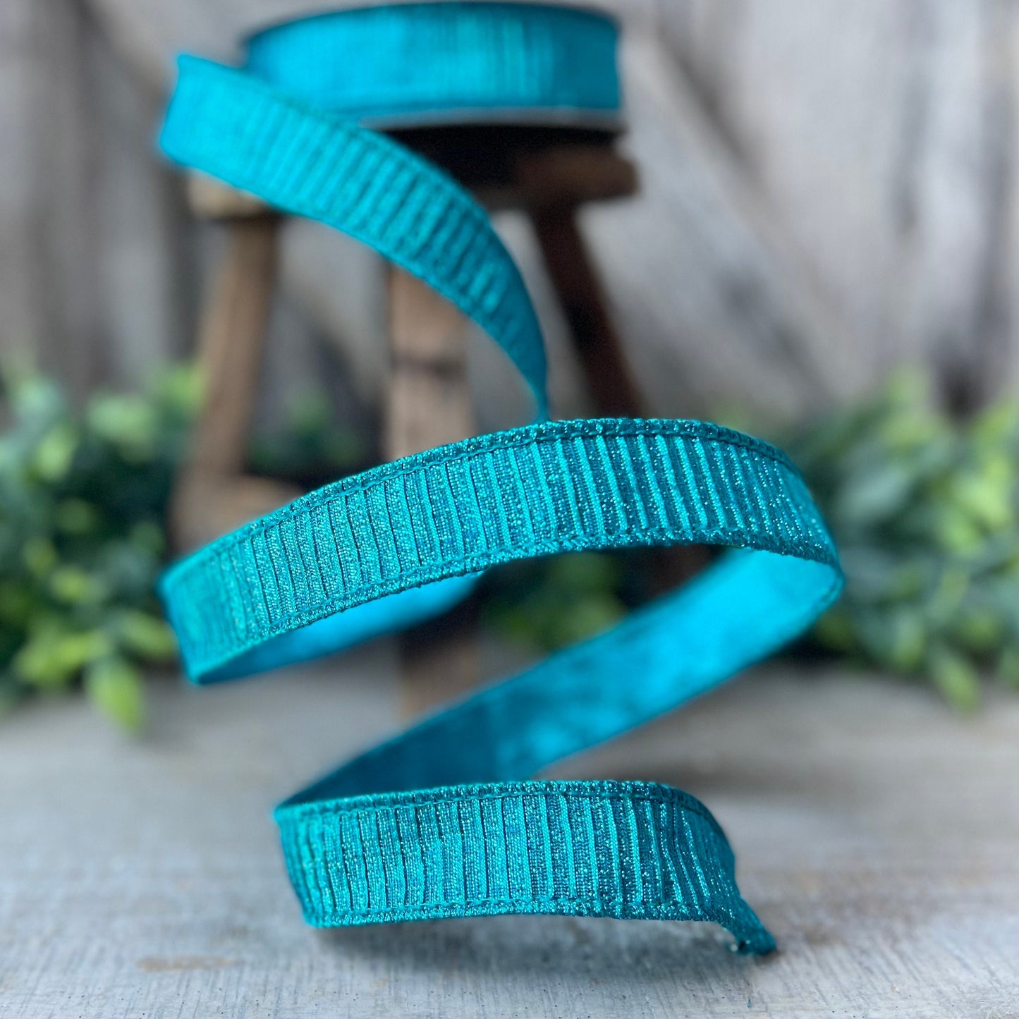 1" Turquoise Pleated Metallic Ribbon, Teal Ribbbon