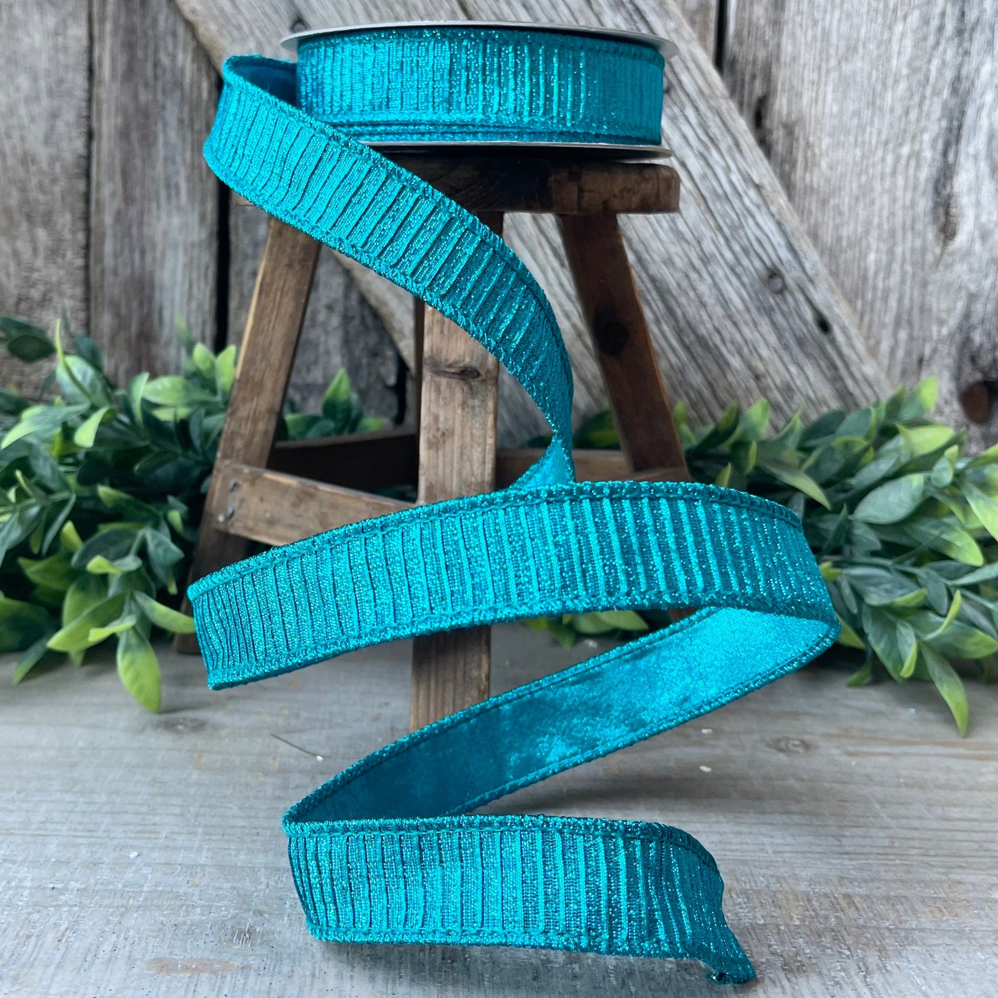 1" Turquoise Pleated Metallic Ribbon, Teal Ribbbon, Farrisilk Ribbon