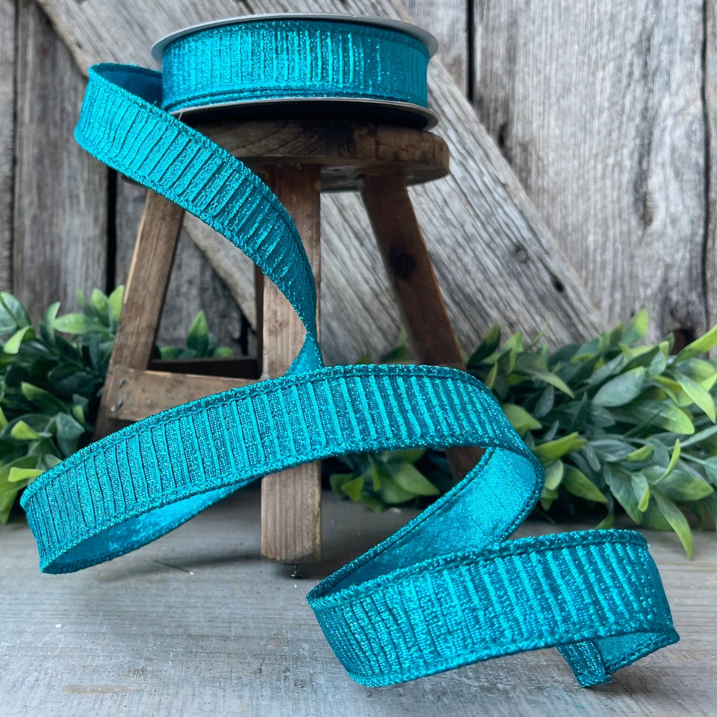 1" Turquoise Pleated Metallic Ribbon, Teal Ribbbon