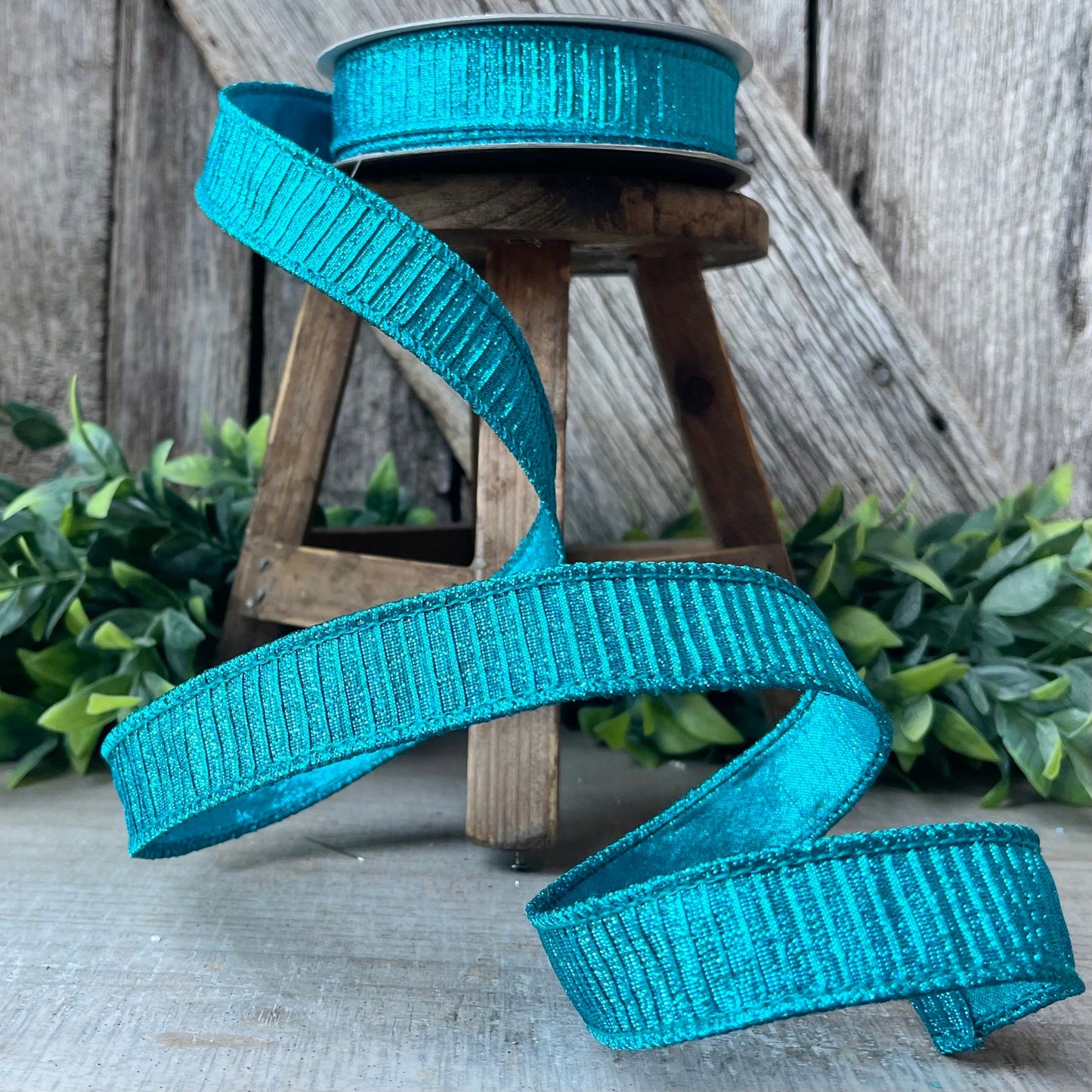 1" Turquoise Pleated Metallic Ribbon, Teal Ribbbon, Farrisilk Ribbon