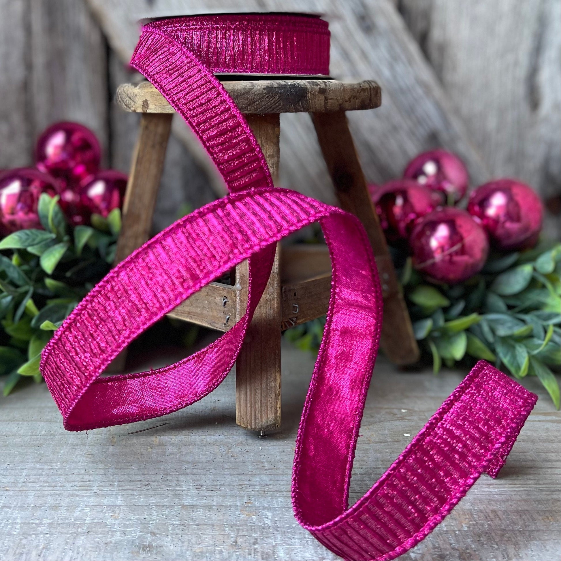 1" Hot Pink Pleated Metallic Ribbon, Fuchsia Ribbbon, Farrisilk Ribbon