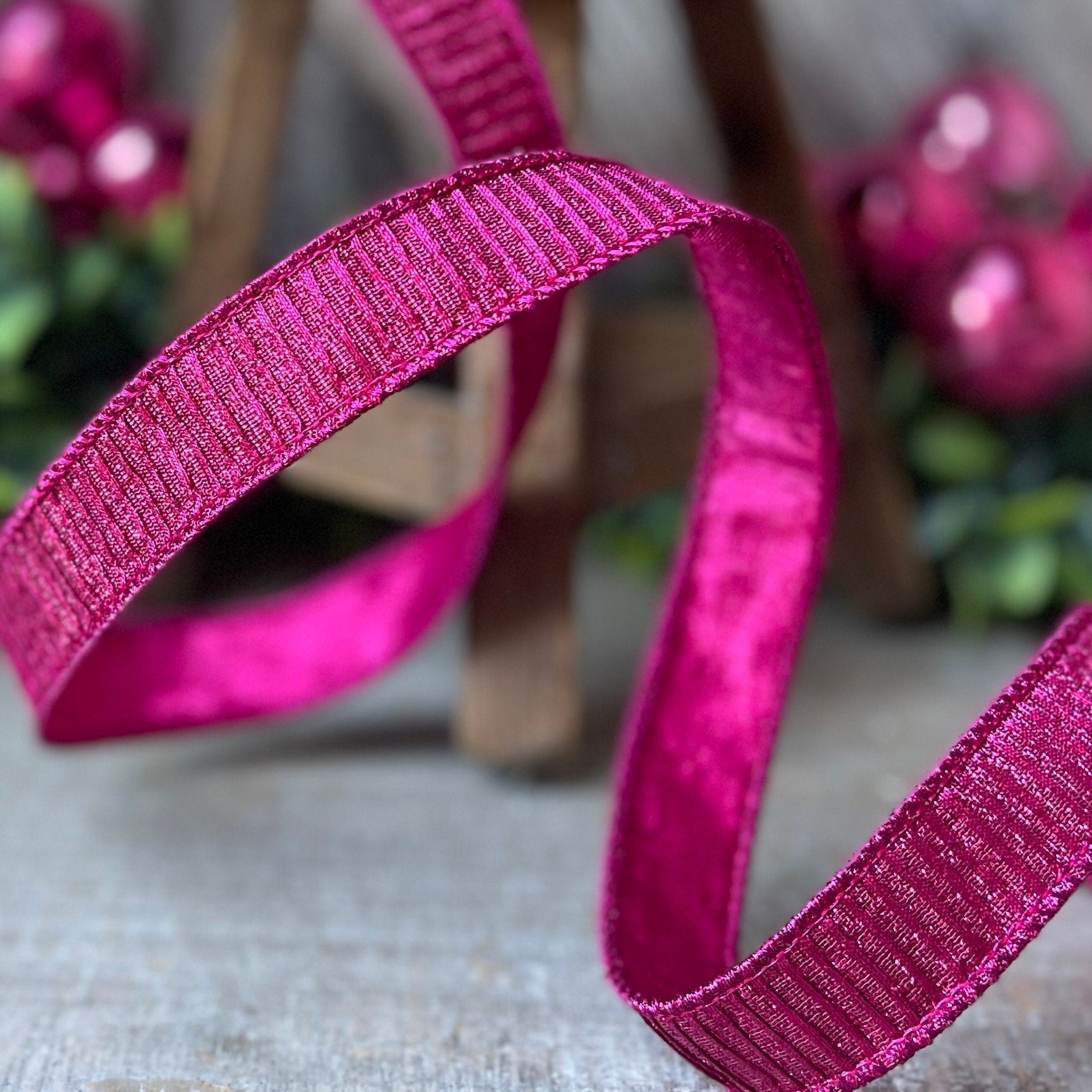 1" Hot Pink Pleated Metallic Ribbon, Fuchsia Ribbbon, Farrisilk Ribbon