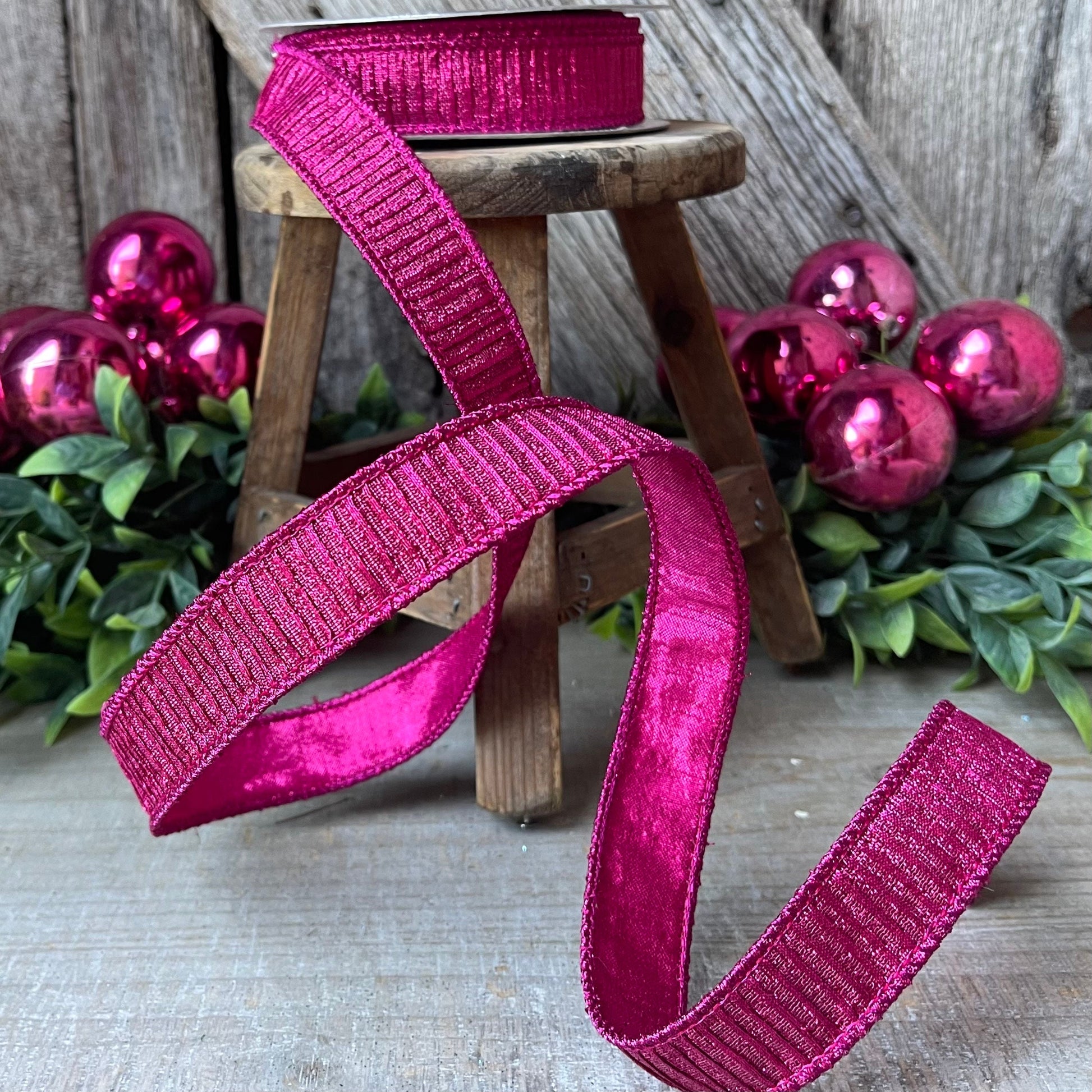 1" Hot Pink Pleated Metallic Ribbon, Fuchsia Ribbbon, Farrisilk Ribbon