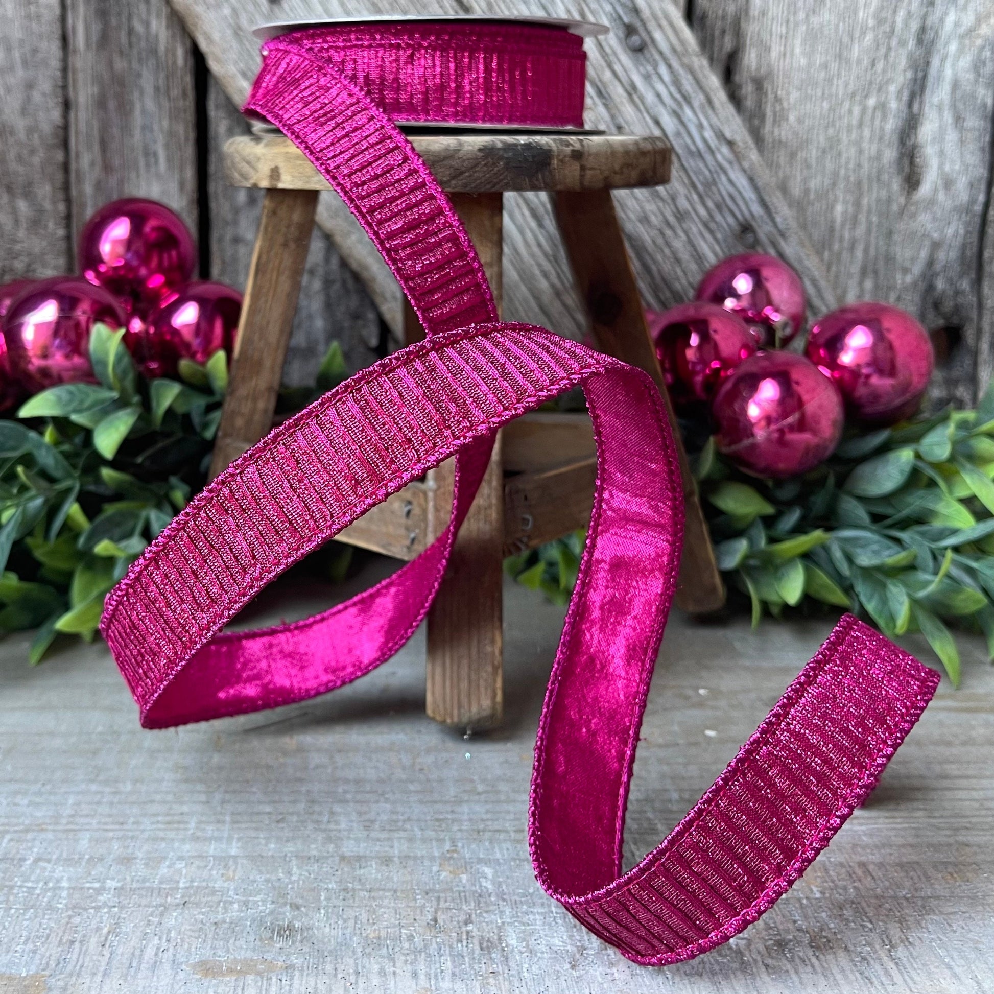 1" Hot Pink Pleated Metallic Ribbon, Fuchsia Ribbbon, Farrisilk Ribbon