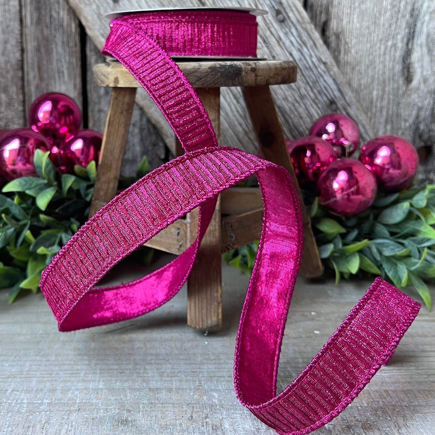 1" Hot Pink Pleated Metallic Ribbon, Fuchsia Ribbbon, Farrisilk Ribbon