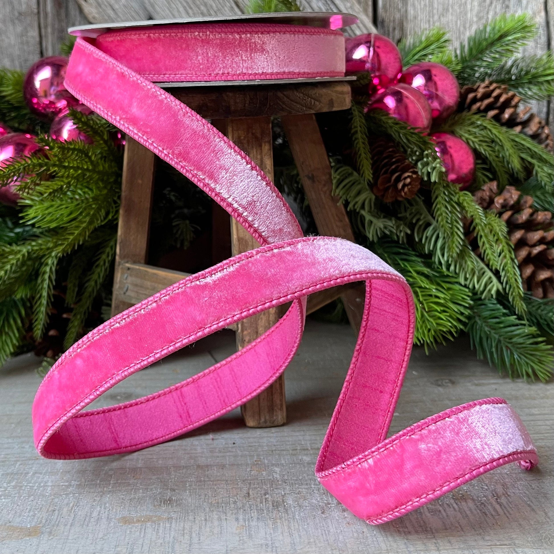 1" BubbleGum Pink Velvet Ribbon, Wired Velvet Ribbon