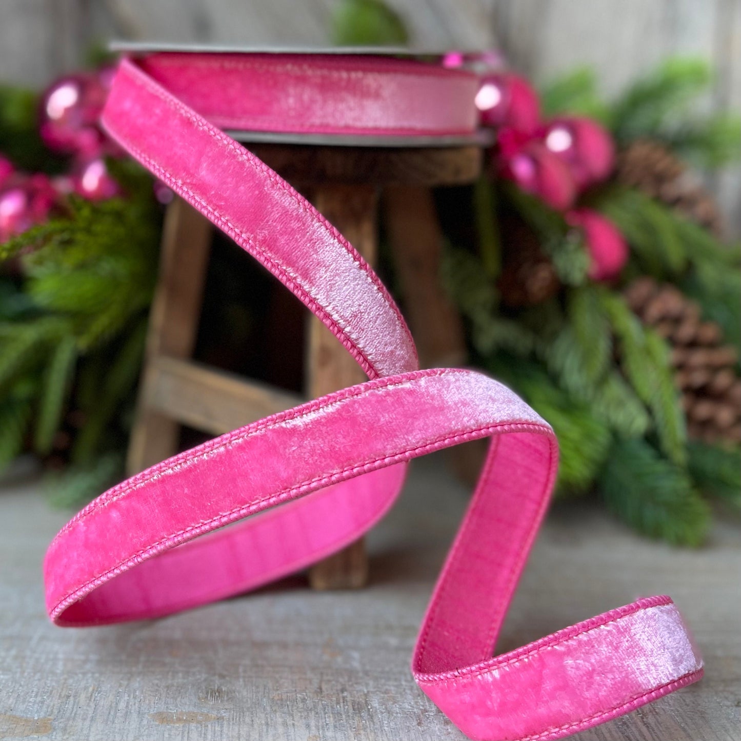 1" BubbleGum Pink Velvet Ribbon, Wired Velvet Ribbon