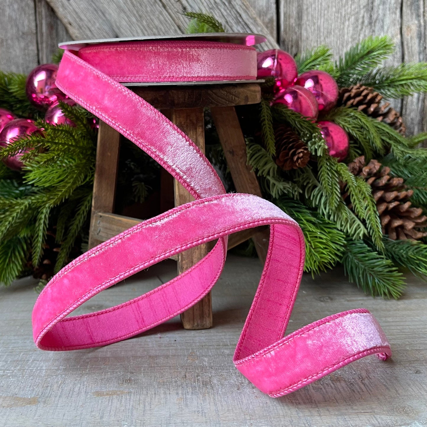 1" BubbleGum Pink Velvet Ribbon, Wired Velvet Ribbon