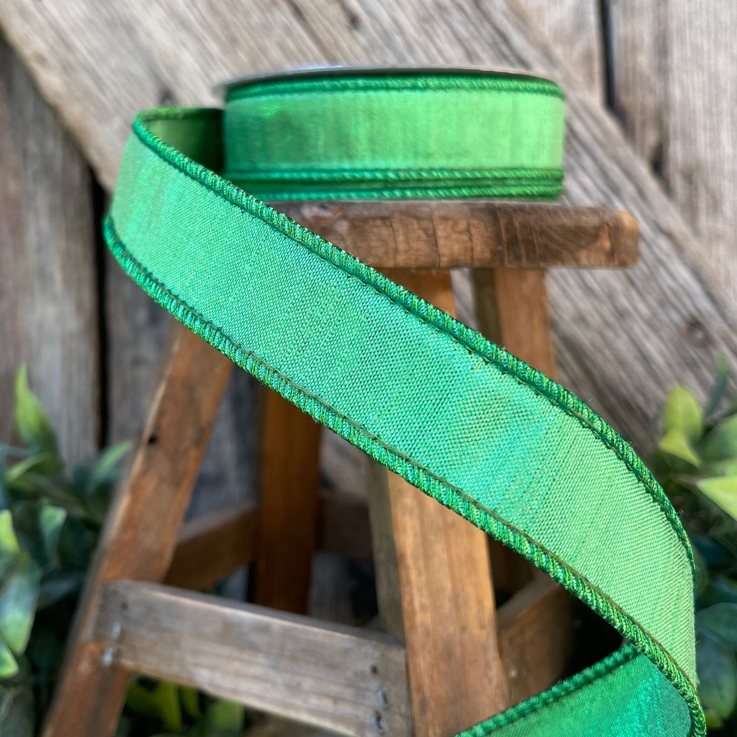 1" Green Luster Ribbon, Farrisilk, wired Ribbon,Wreath RIbbon,narrow Ribbon