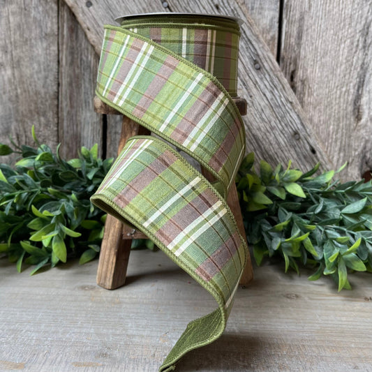 2.5" Green Moss and Brown Fall Plaid Ribbon, Woodsey Fall Ribbon, Farrisilk Ribbon