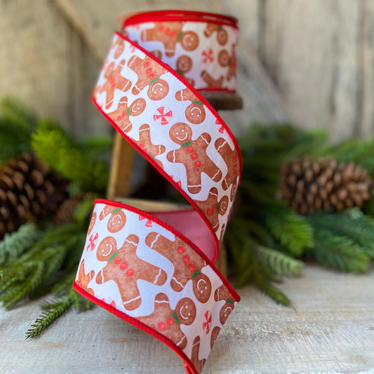 2.5" Gingerbread ribbon, red Christmas ribbon, gingerbread Christmas ribbon