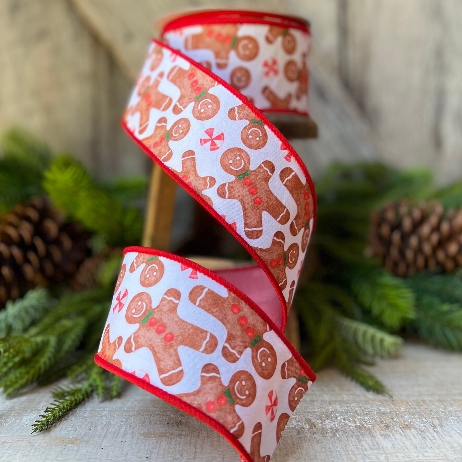 2.5" Gingerbread ribbon, red Christmas ribbon, gingerbread Christmas ribbon