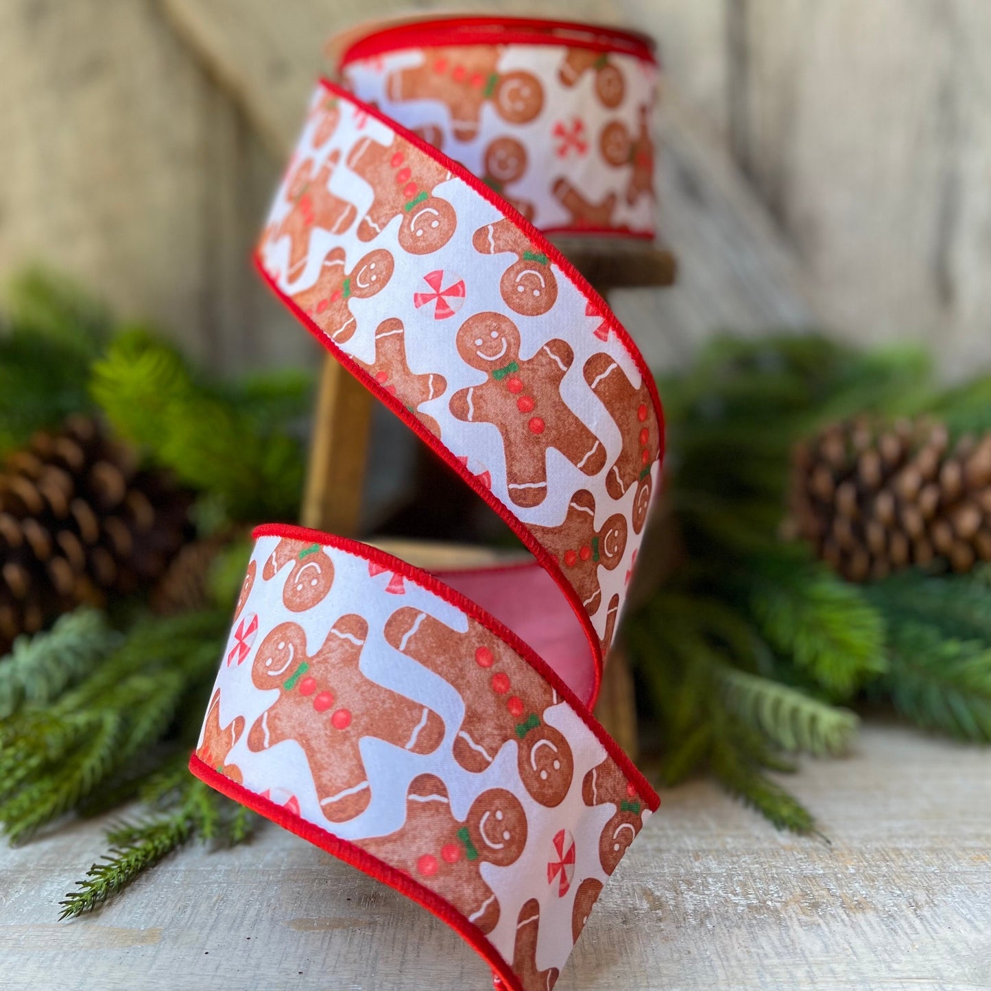 2.5" Gingerbread ribbon, red Christmas ribbon, gingerbread Christmas ribbon