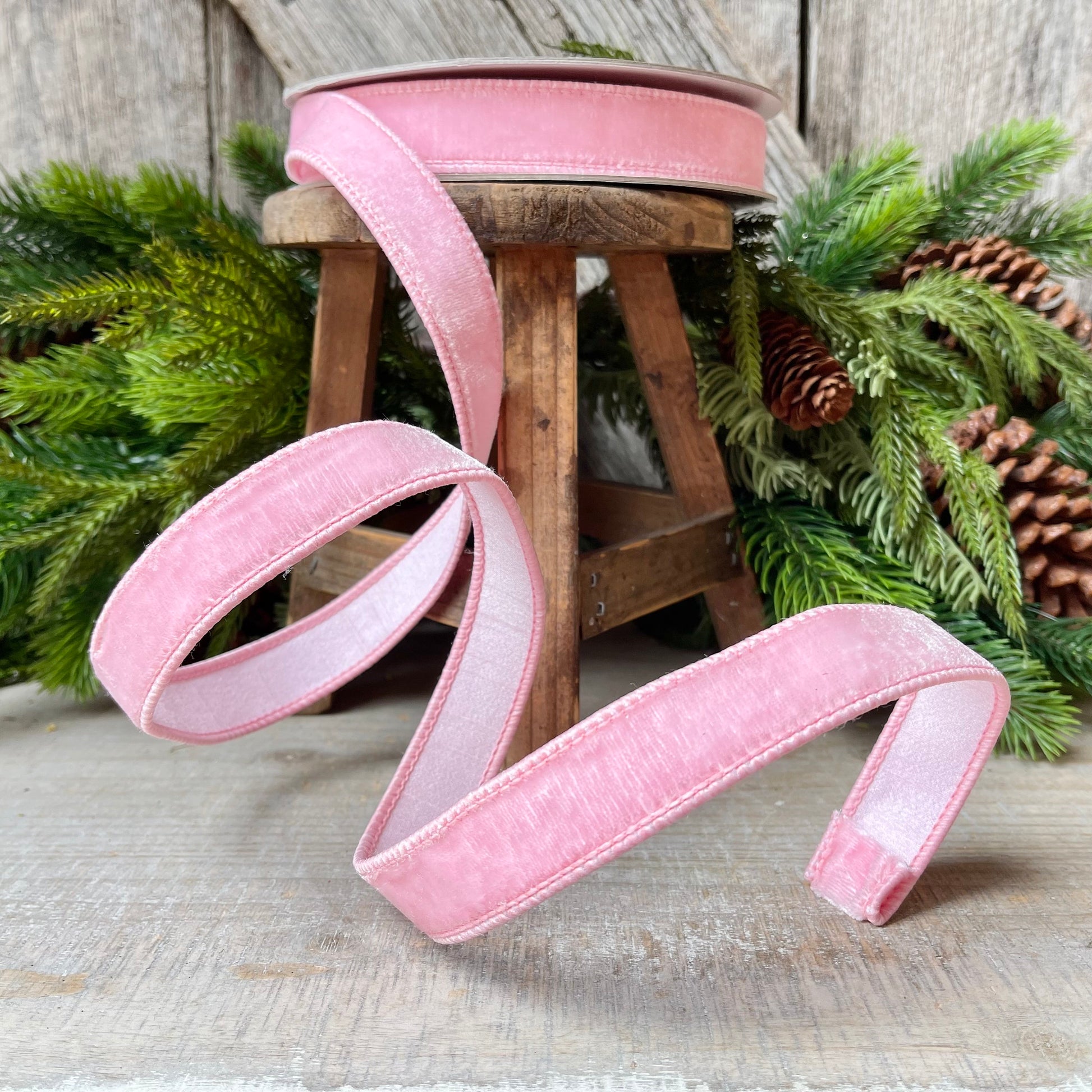 1" Baby Pink Velvet Ribbon, Wired Velvet Ribbon