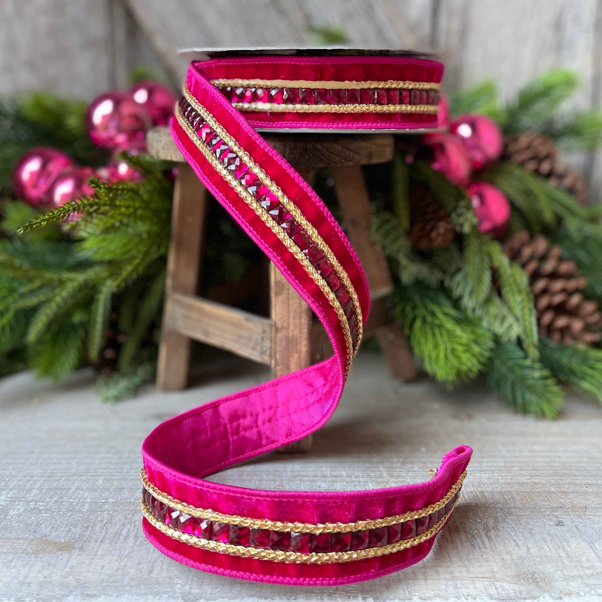 1.5" Hot Pink Gemstones, Farrisilk, Pink Jeweled RIbbon