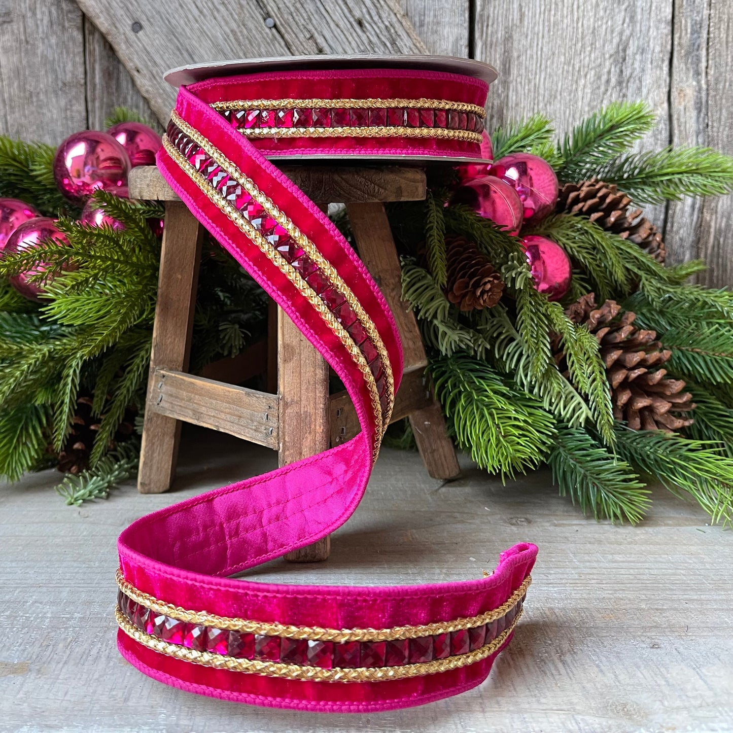 1.5" Hot Pink Gemstones, Farrisilk, Pink Jeweled RIbbon