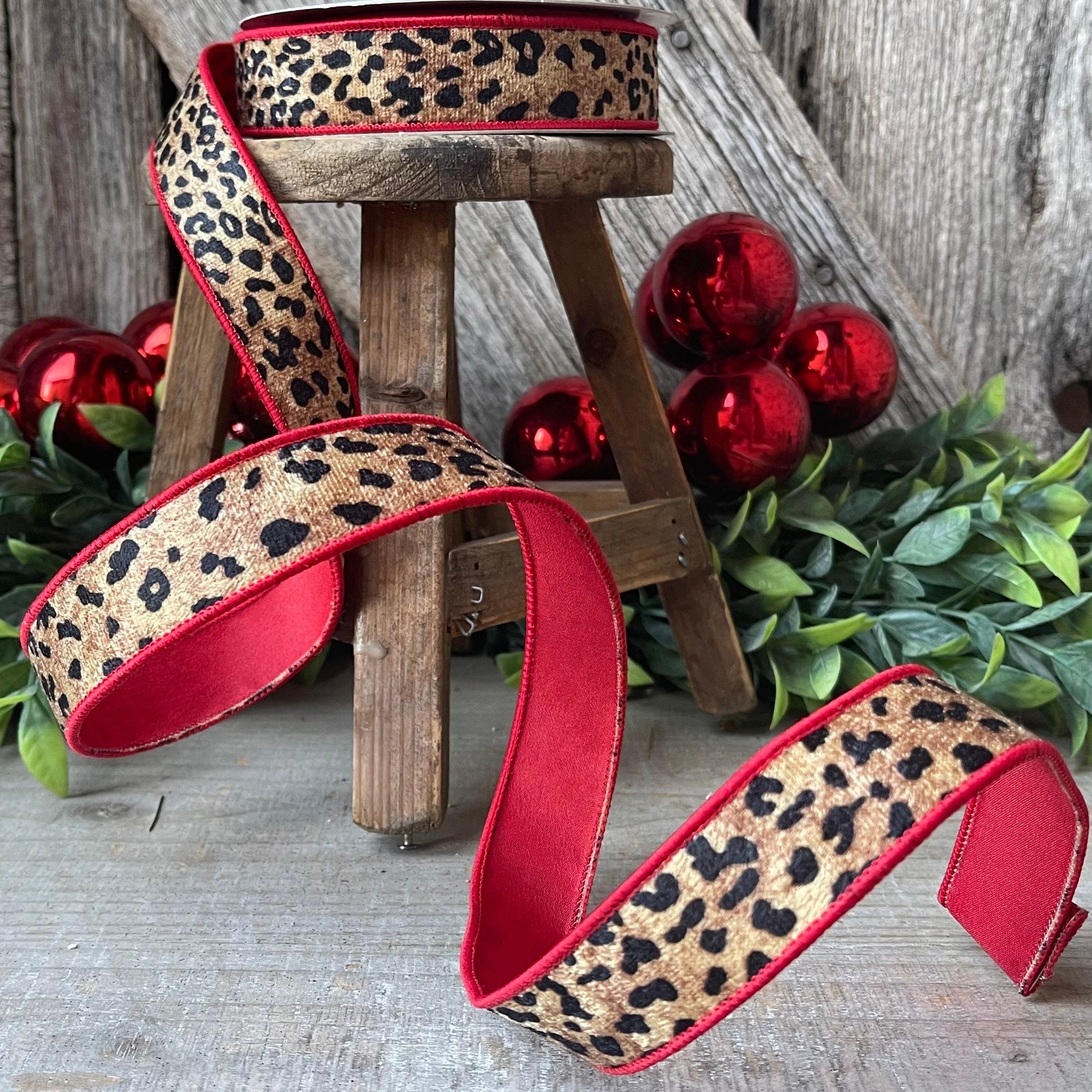 1" leopard ribbon, Farrisilk, leopard with red backing