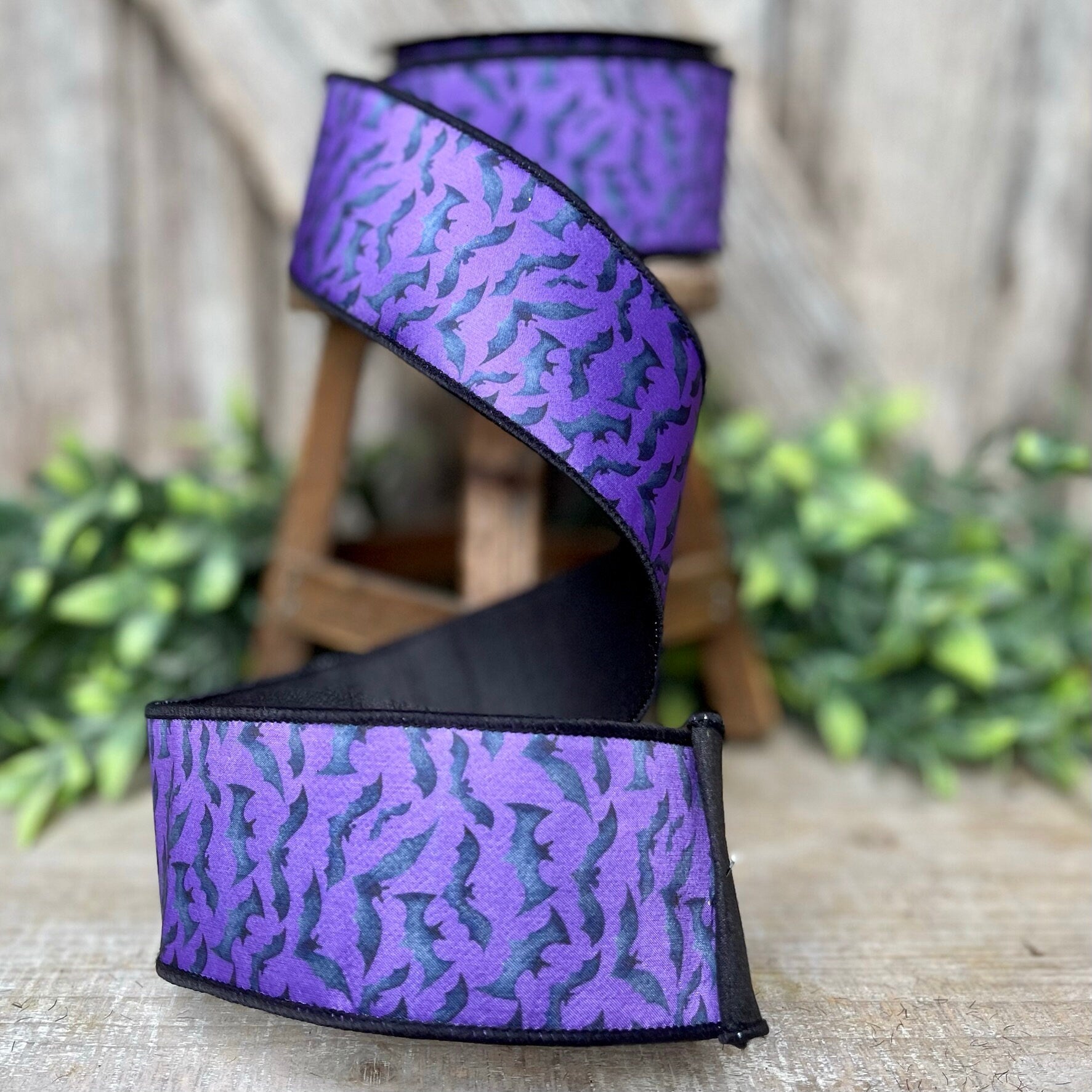 2.5" Purple Bats Wired Ribbon by Farrisilk, Halloween Ribbon, Purple and Black Ribbon