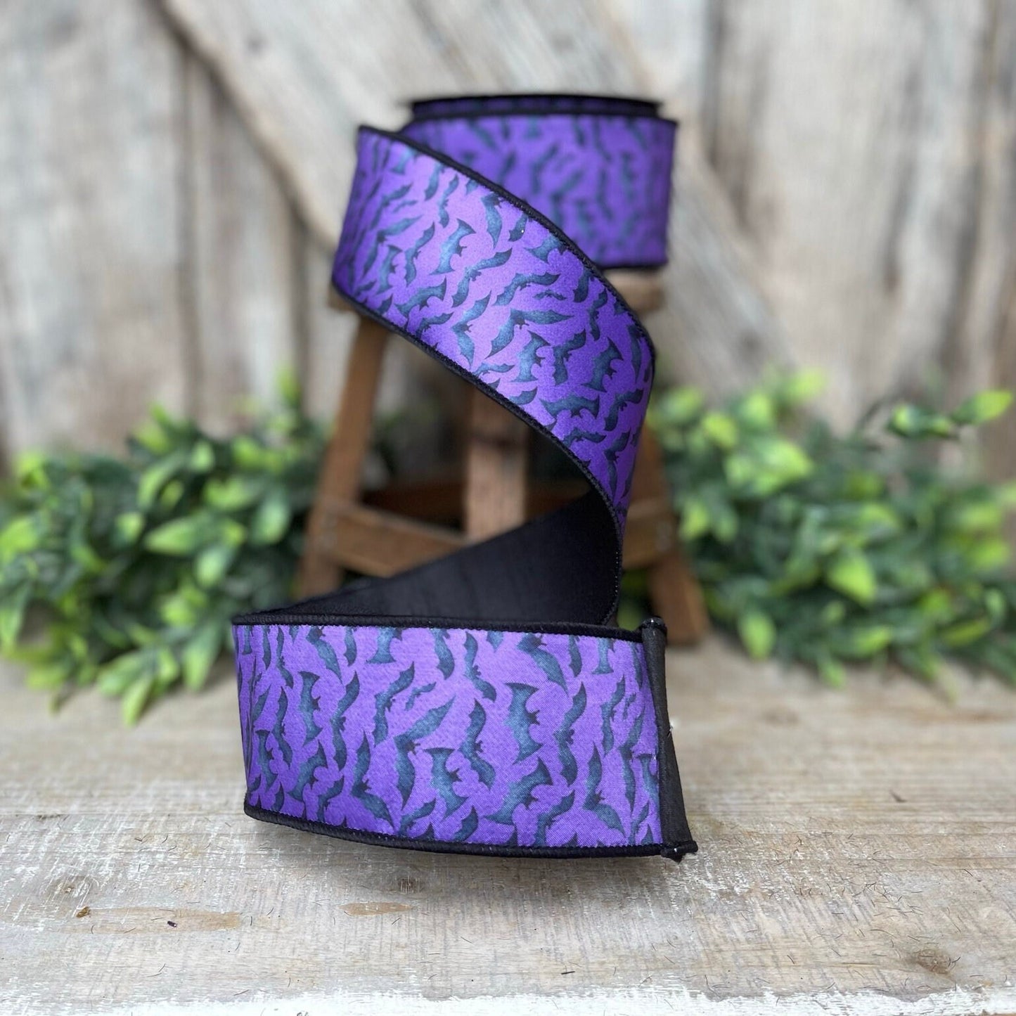 2.5" Purple Bats Wired Ribbon by Farrisilk, Halloween Ribbon, Purple and Black Ribbon