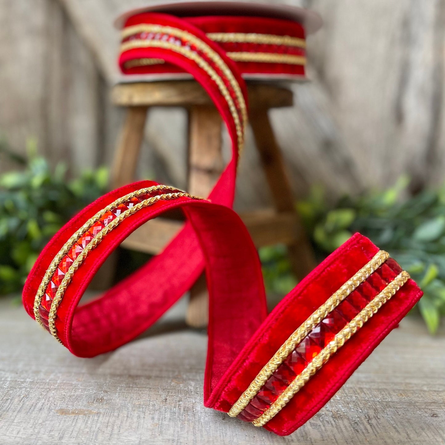 1.5" REd Gemstones, Farrisilk, REd Jeweled RIbbon