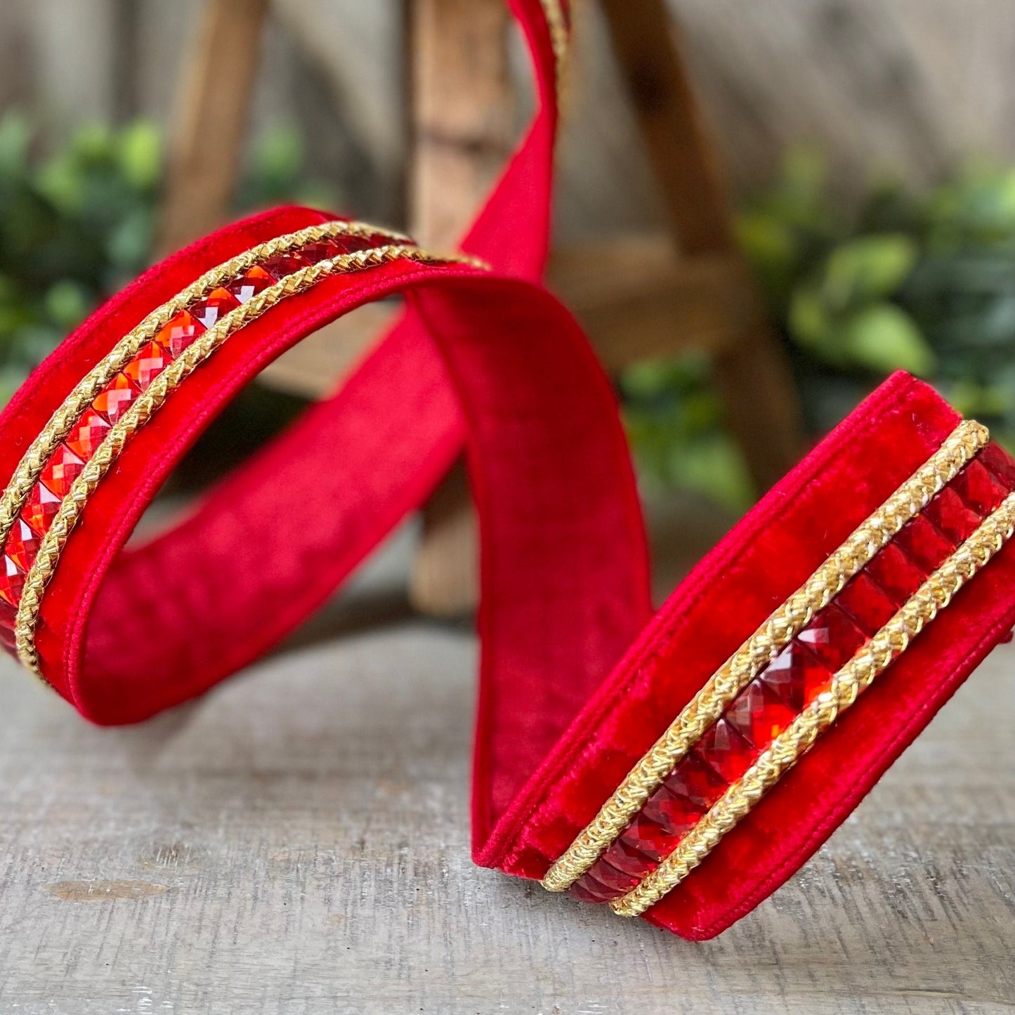 1.5" REd Gemstones, Farrisilk, REd Jeweled RIbbon