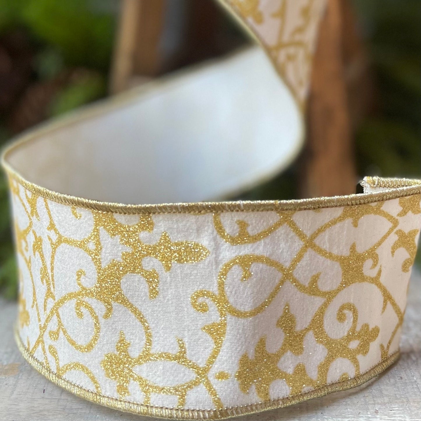 2.5" Ivory Gold CASSIA ACANTHUS, Farrisilk Ribbon, Ivory and Gold Ribbon