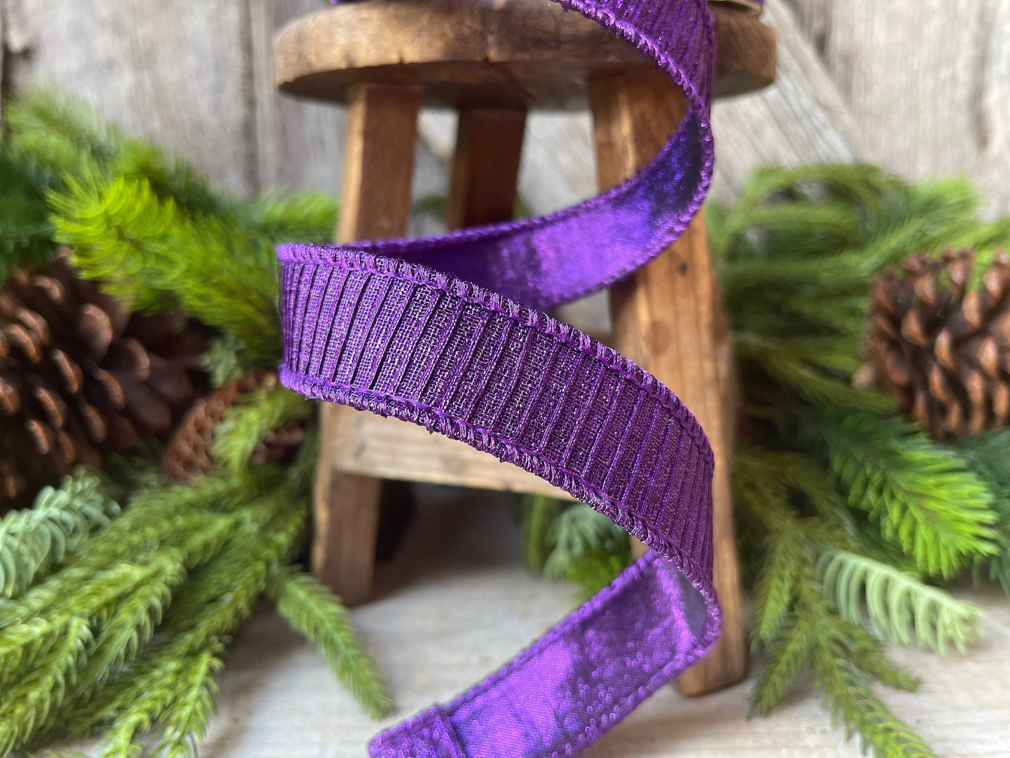 1" Purple Pleated Metallic Wired Ribbon, Farrisilk Ribbon, Purple Wired RIbbon