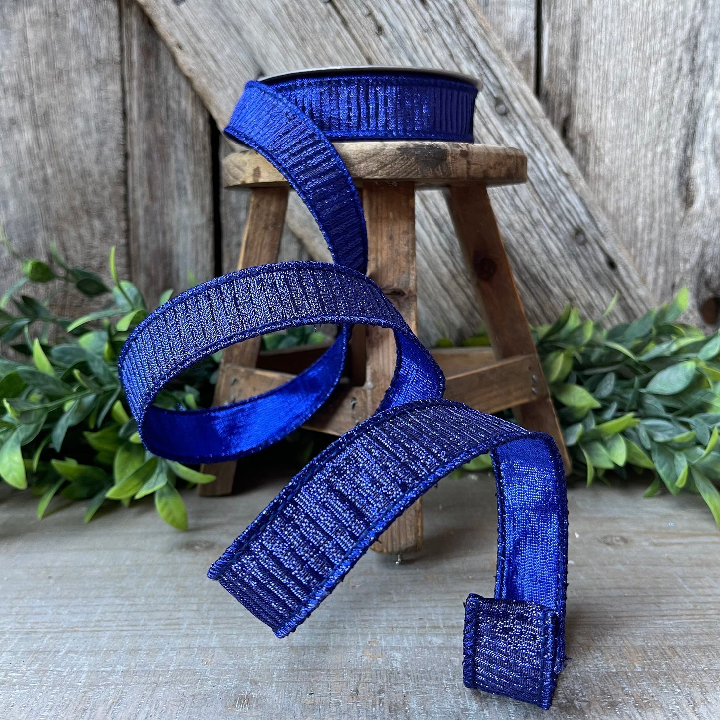 1" Blue Pleated Metallic Ribbon, Farrisilk Ribbon, Wired Ribbon