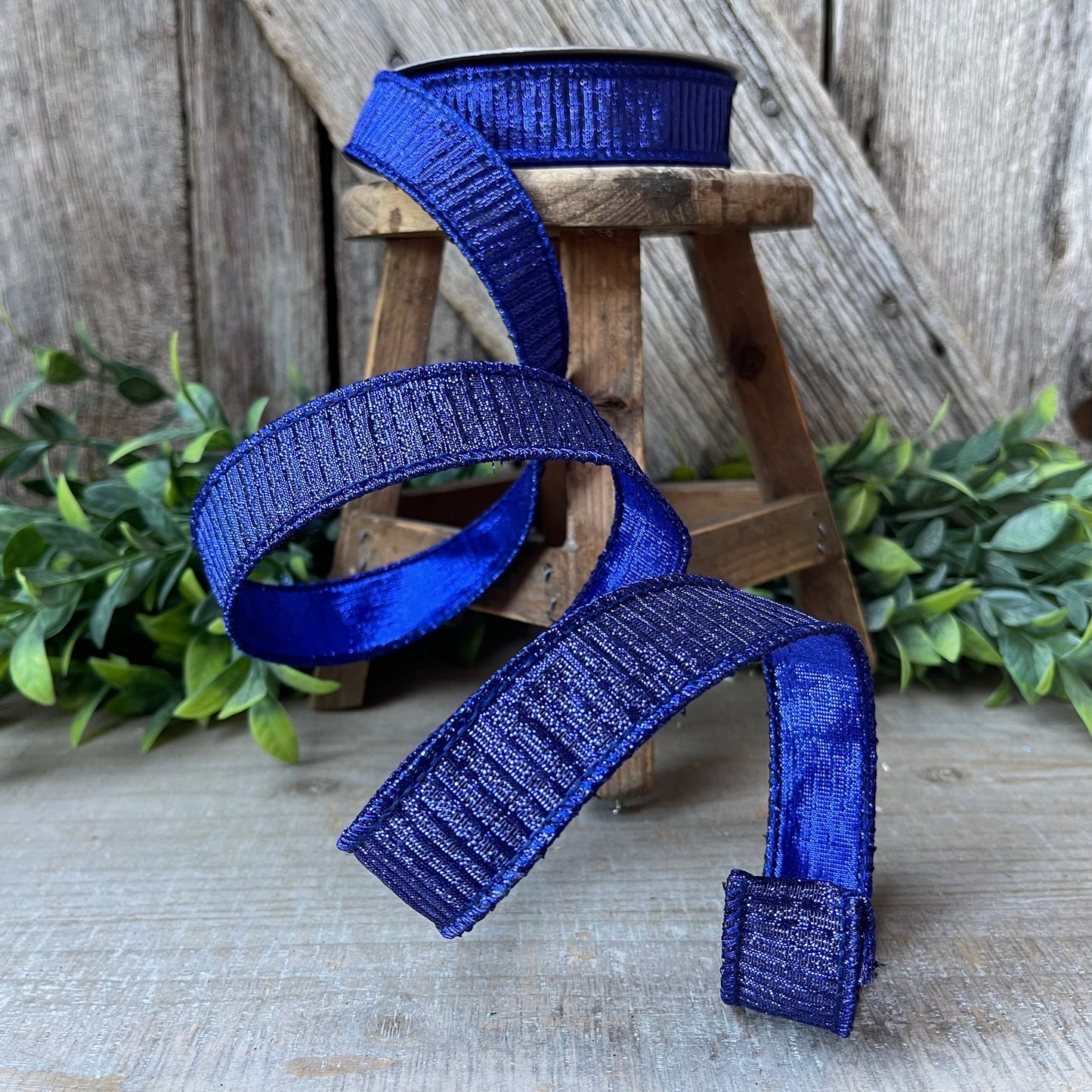 1" Blue Pleated Metallic Ribbon, Farrisilk Ribbon, Wired Ribbon