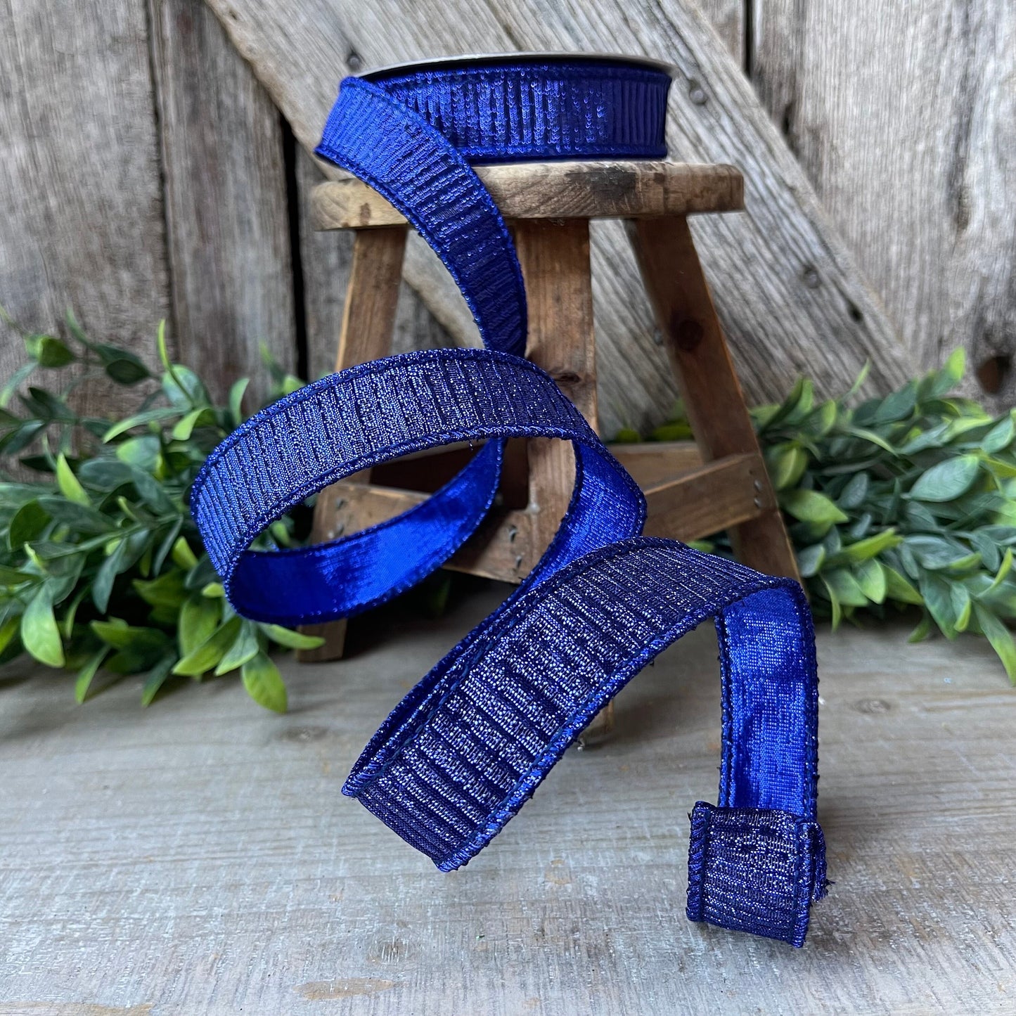 1" Blue Pleated Metallic Ribbon, Farrisilk Ribbon, Wired Ribbon