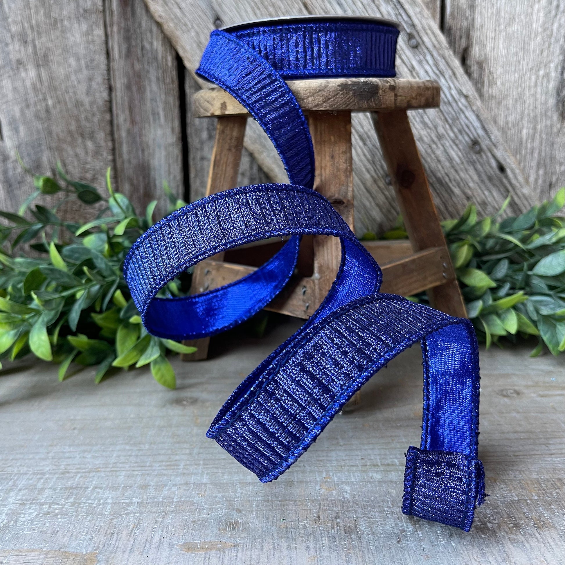 1" Blue Pleated Metallic Ribbon, Farrisilk Ribbon, Wired Ribbon