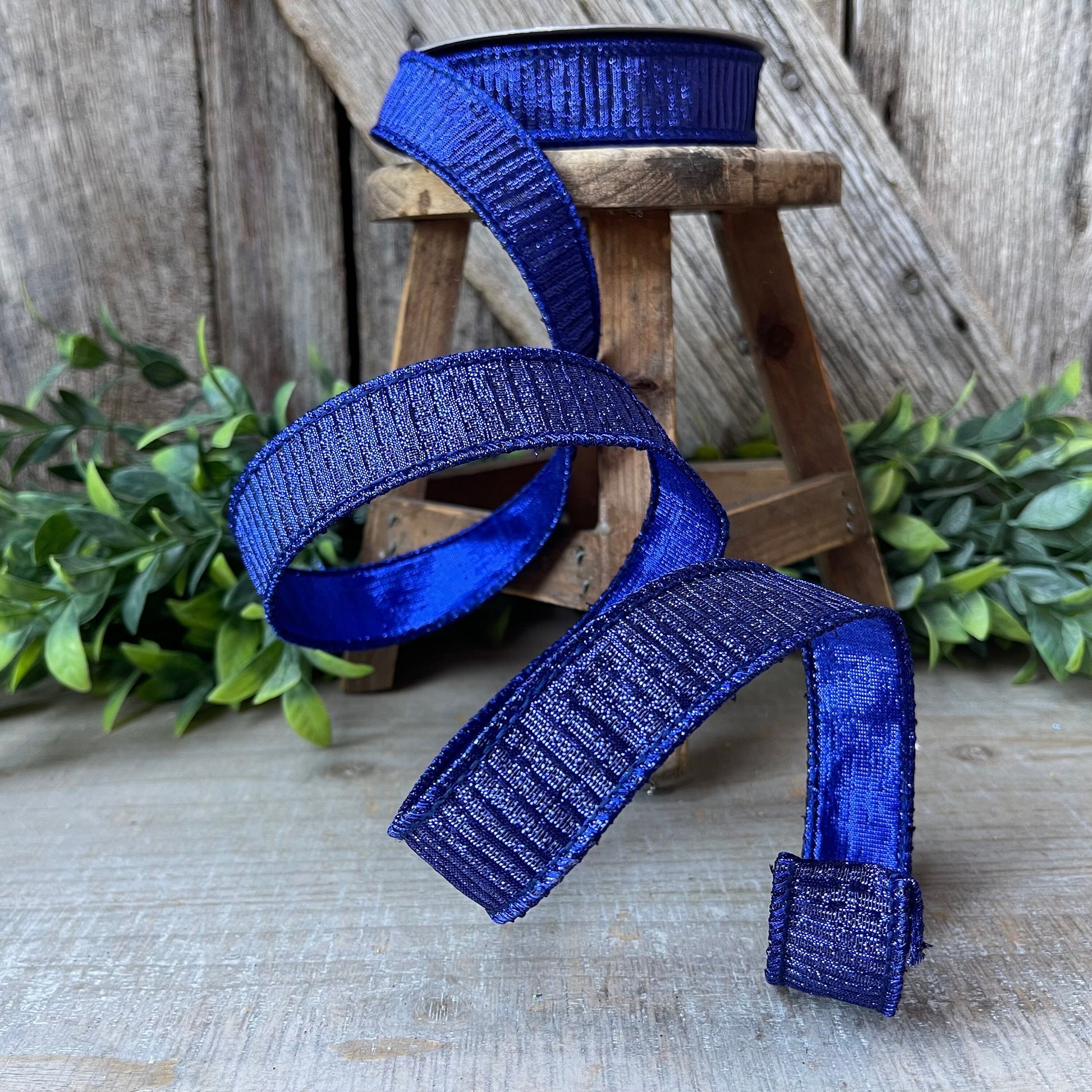 1" Blue Pleated Metallic Ribbon, Farrisilk Ribbon, Wired Ribbon