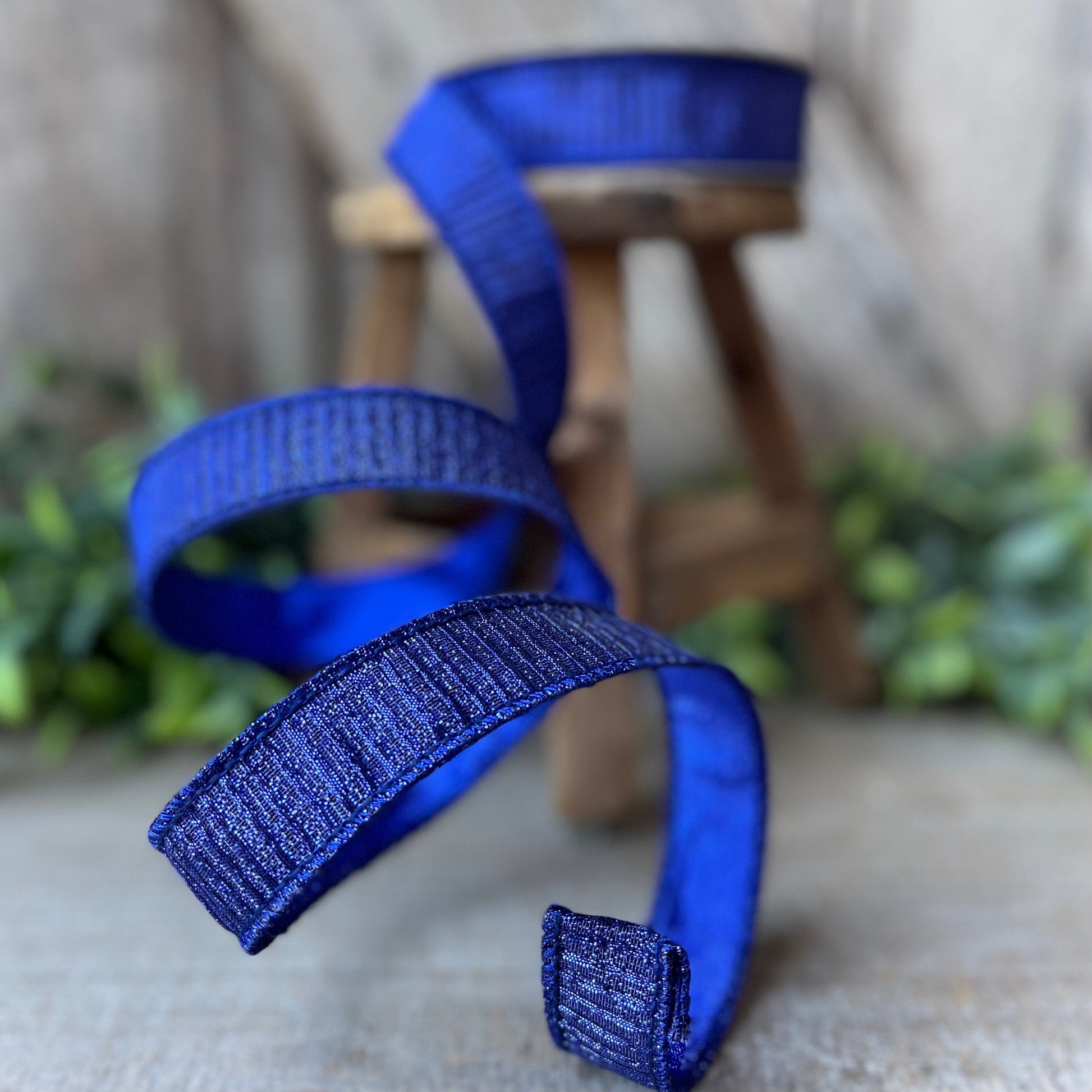 1" Blue Pleated Metallic Ribbon, Farrisilk Ribbon, Wired Ribbon